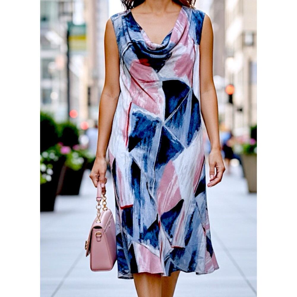 NIC+ZOE Artsy Abstract Multicolor Cowl Neck Sleeveless Dress‎ Flowy Feminine-L - Picture 2 of 12